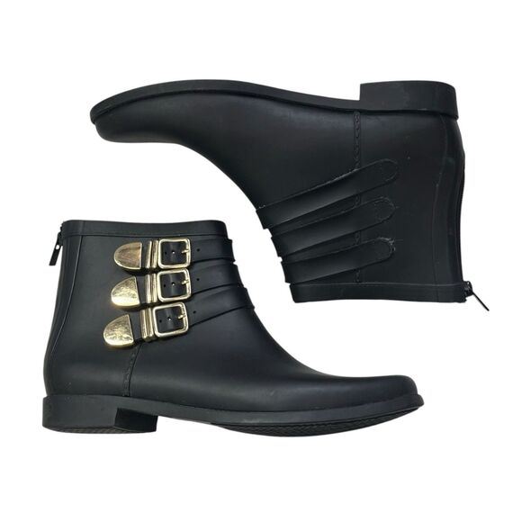 Loeffler Randall Fenton Rain Boots Women’s Size 9 Black Gold Buckle Rubber - Picture 3 of 12
